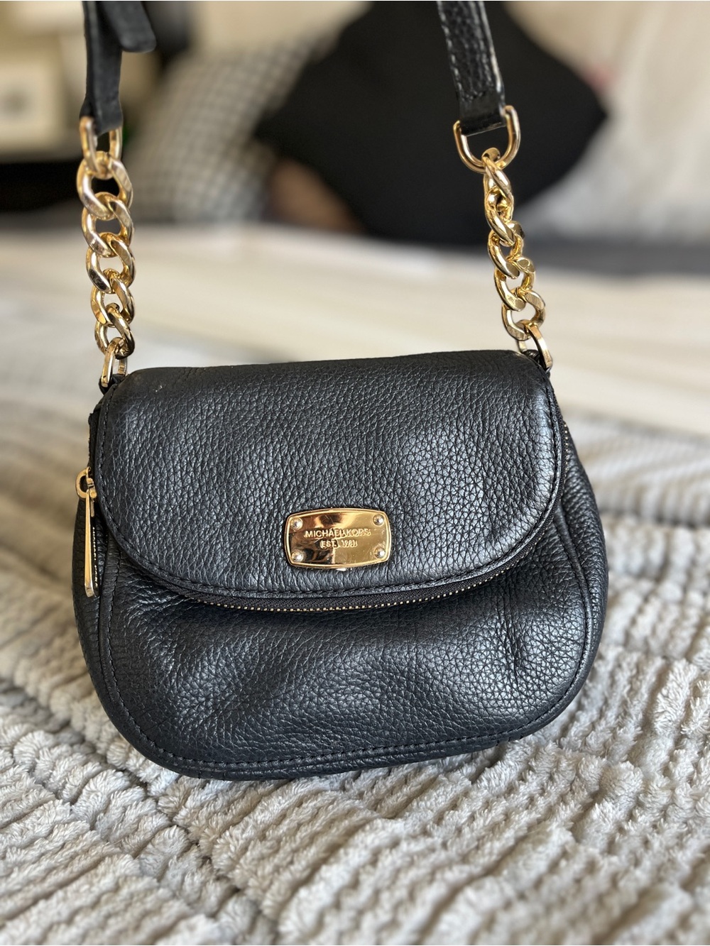 Michael Kors Black Pebbled Leather Crossbody with Gold Chain Accents